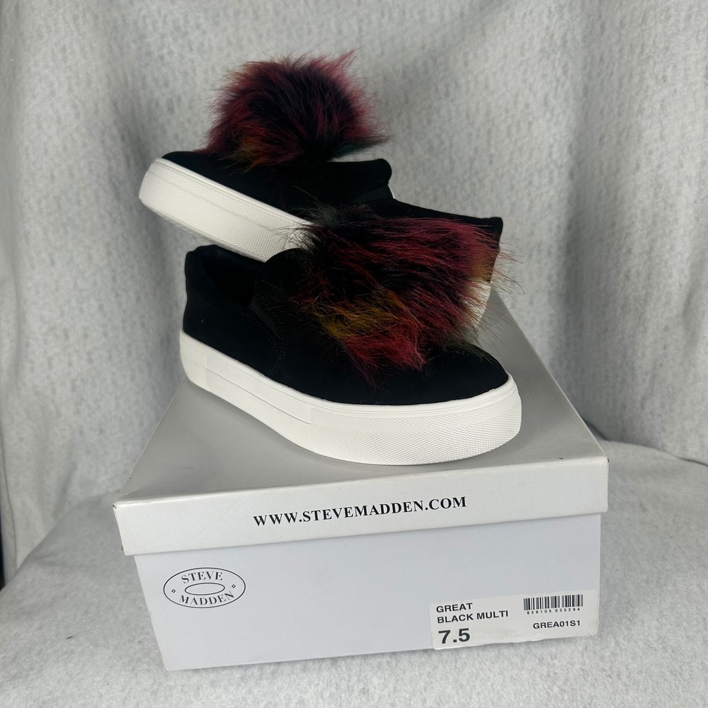 Steve Madden Great Sneakers Womens 7.5 Black Multi Faux Fur Pom Pom GREA01S1